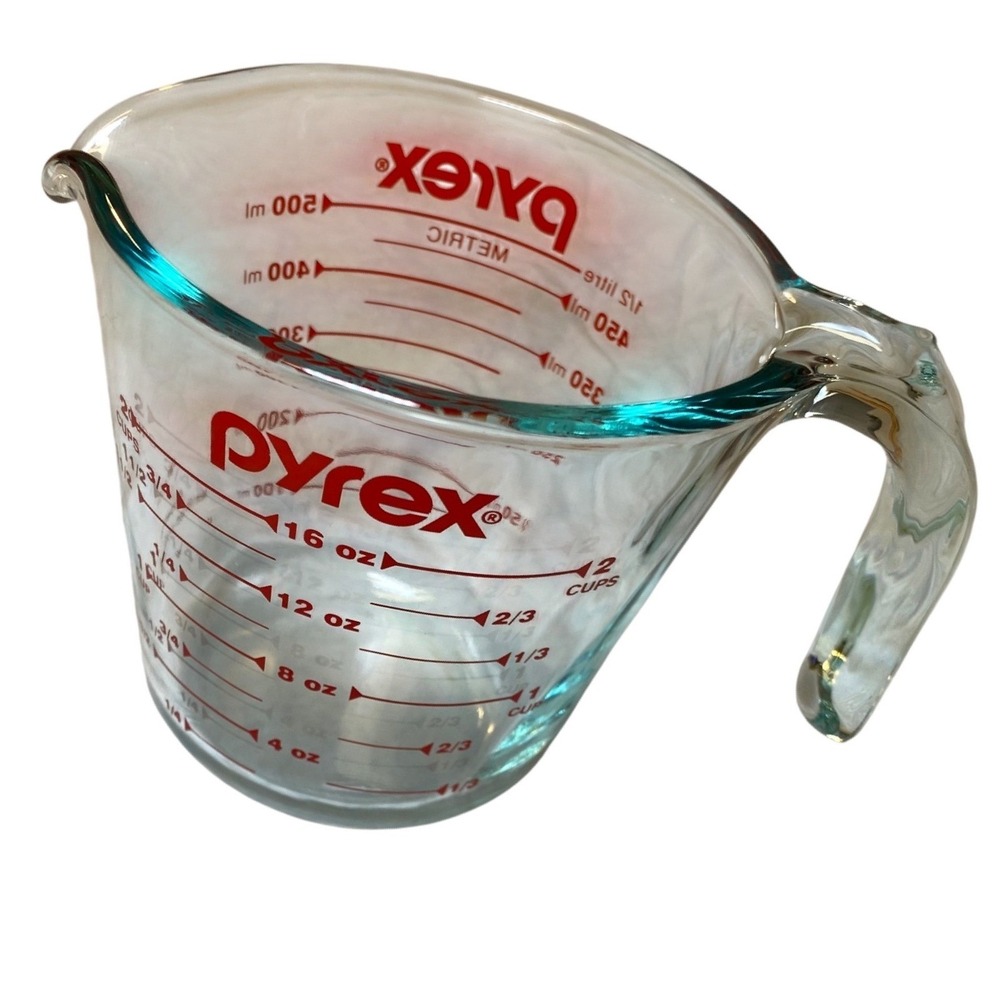 Vintage Pyrex 2 Cup 500ml Glass Measuring Cup Red Lettering Made USA
